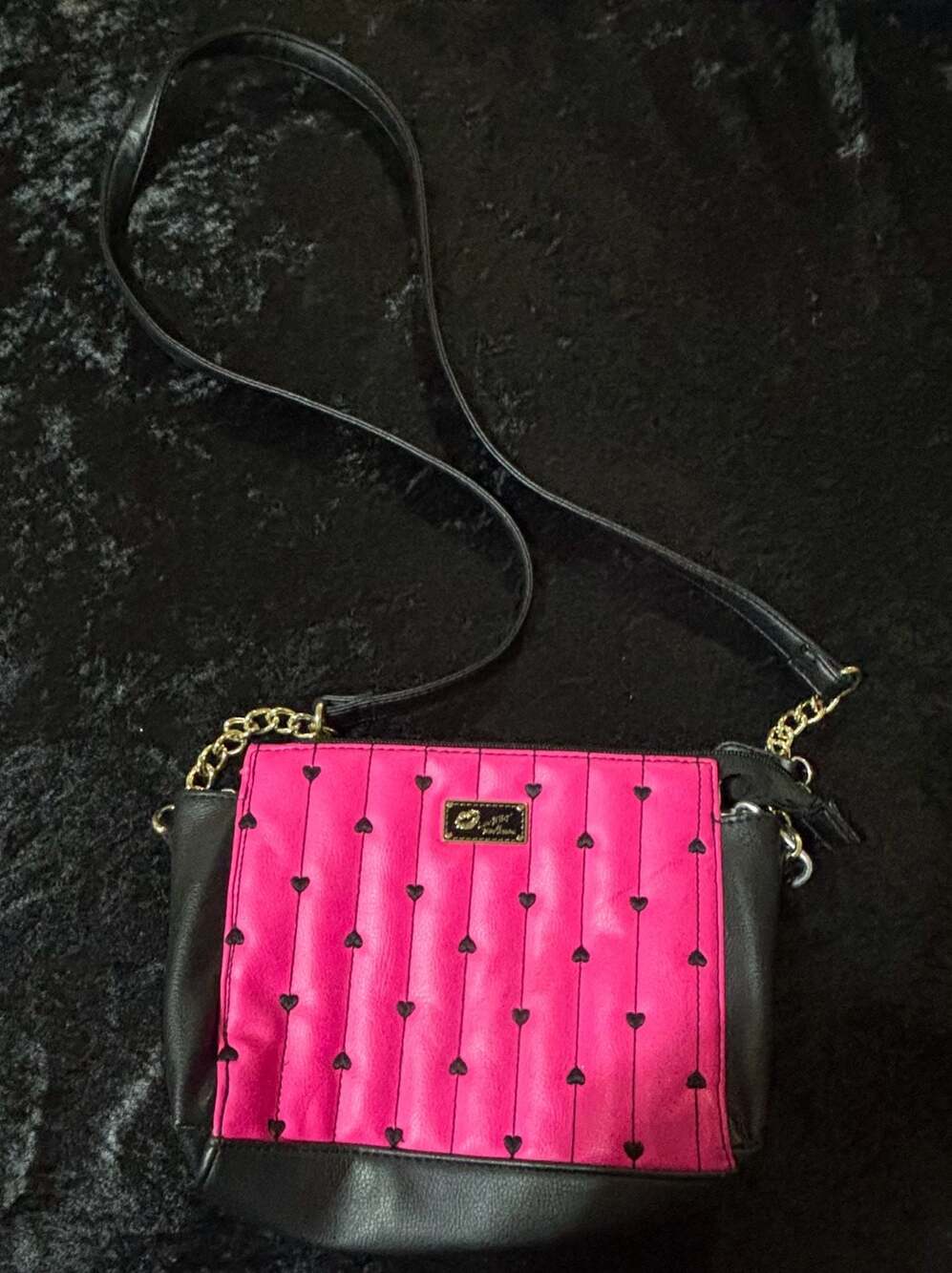Luv Betsey by Betsey Johnson Hot Pink Crossbody Bag with Black Hearts